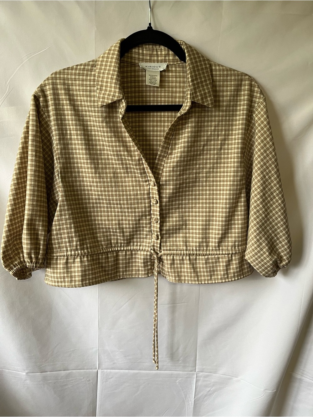 Cropped Plaid Button-Down Shirt in Beige by Virtuous